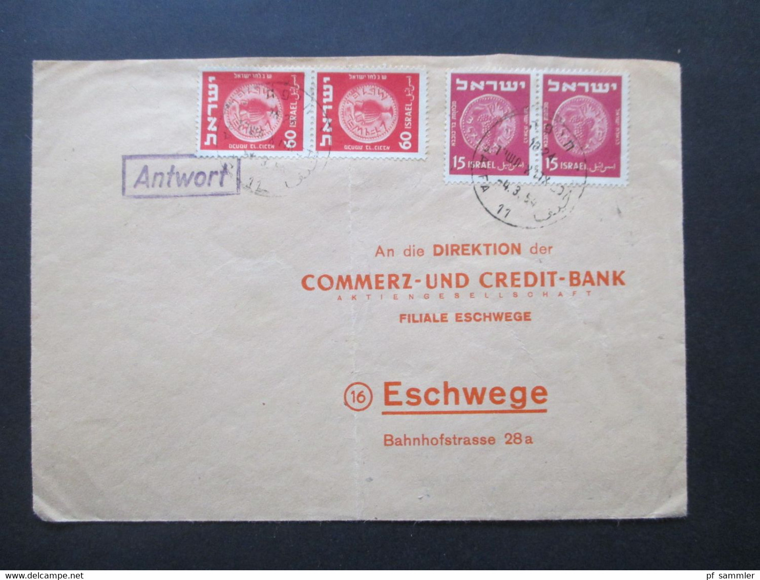 Israel 1954 Stempel: Antwort Brief An Die Direktion Der Commerz Und Credit Bank Filiale Eschwege - Brieven En Documenten