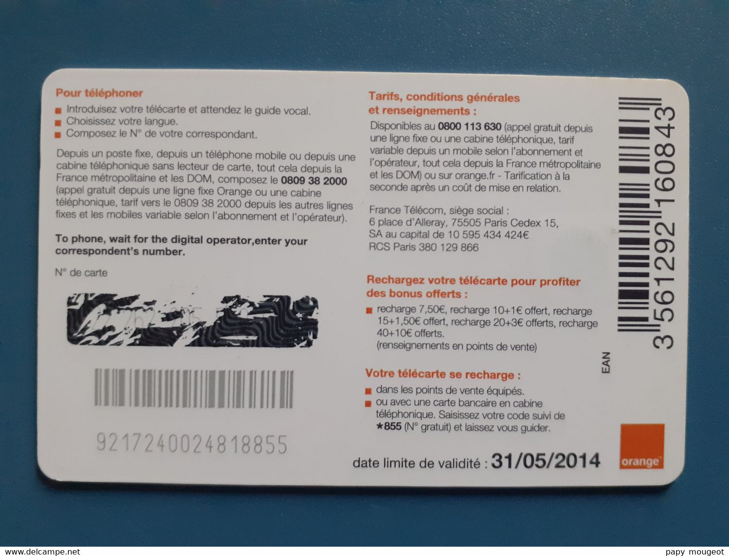 FT12 7€50 Télécarte Rechargeable Orange Validité 31/05/2014 - Sin Clasificación