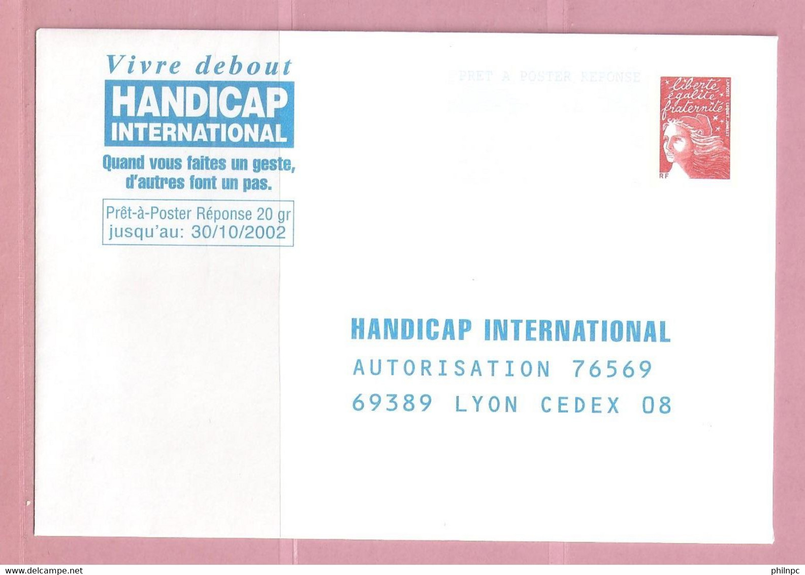 France, Prêt à Poster Réponse, 3417, Postréponse, Handicap International, Marianne De Luquet - PAP: Antwort/Luquet