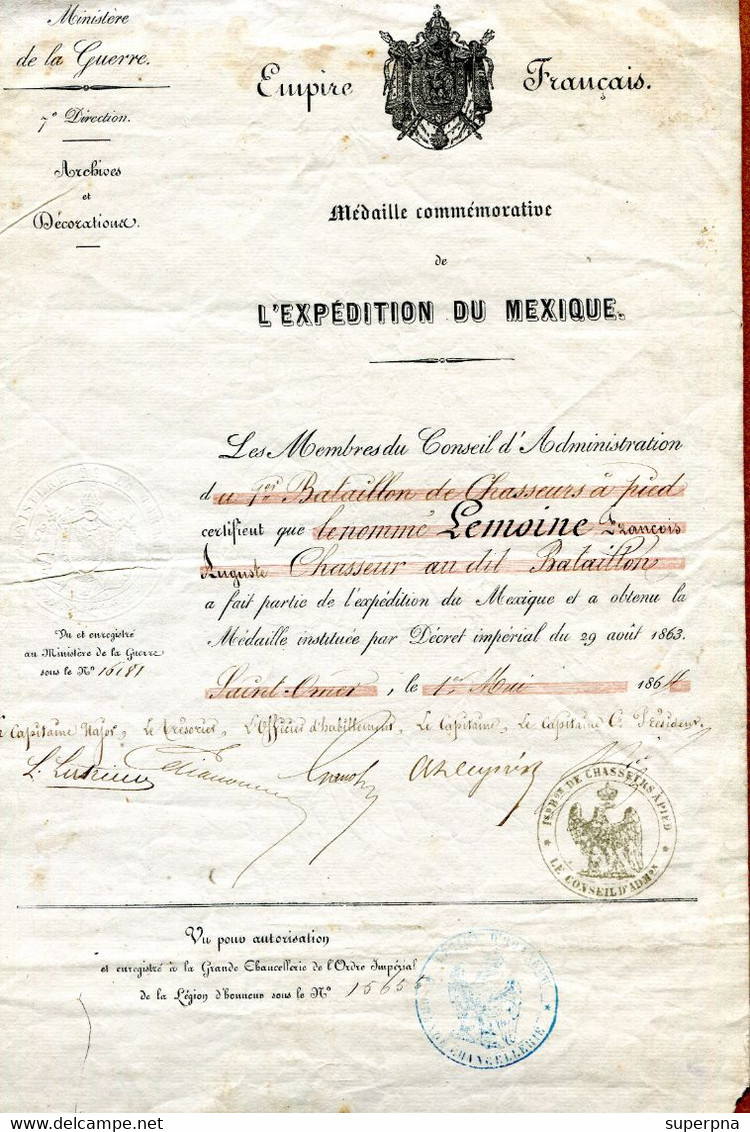 MILITARIA : " L'EXPEDITION DU MEXIQUE "  SAINT-OMER (1864) - 1er BATAILLON De CHASSEURS A PIED - Documentos Históricos