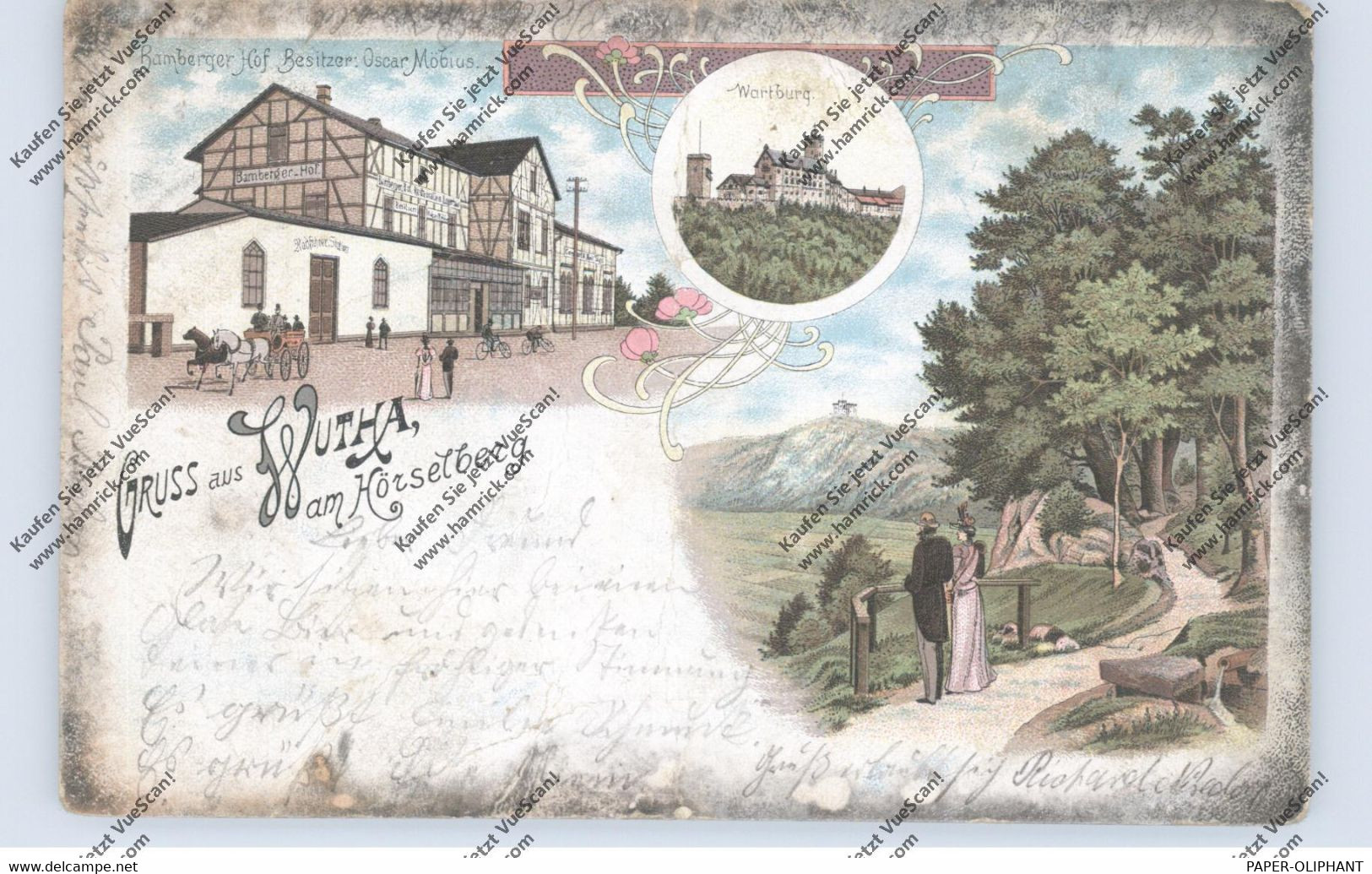 0-5909 WUTHA - FARNRODA, Lithographie, Gasthaus Bamberger Hof, Wartburg, Mittelknick - Bad Salzungen