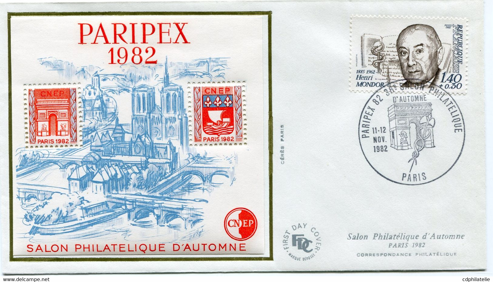 FRANCE ENVELOPPE 1er JOUR DU SALON D'AUTOMNE PARIS 1982 AVEC LE FEUILLET-SOUVENIR 3A PARIPEX 1982 + OBL. ILLUSTREE DU.. - CNEP