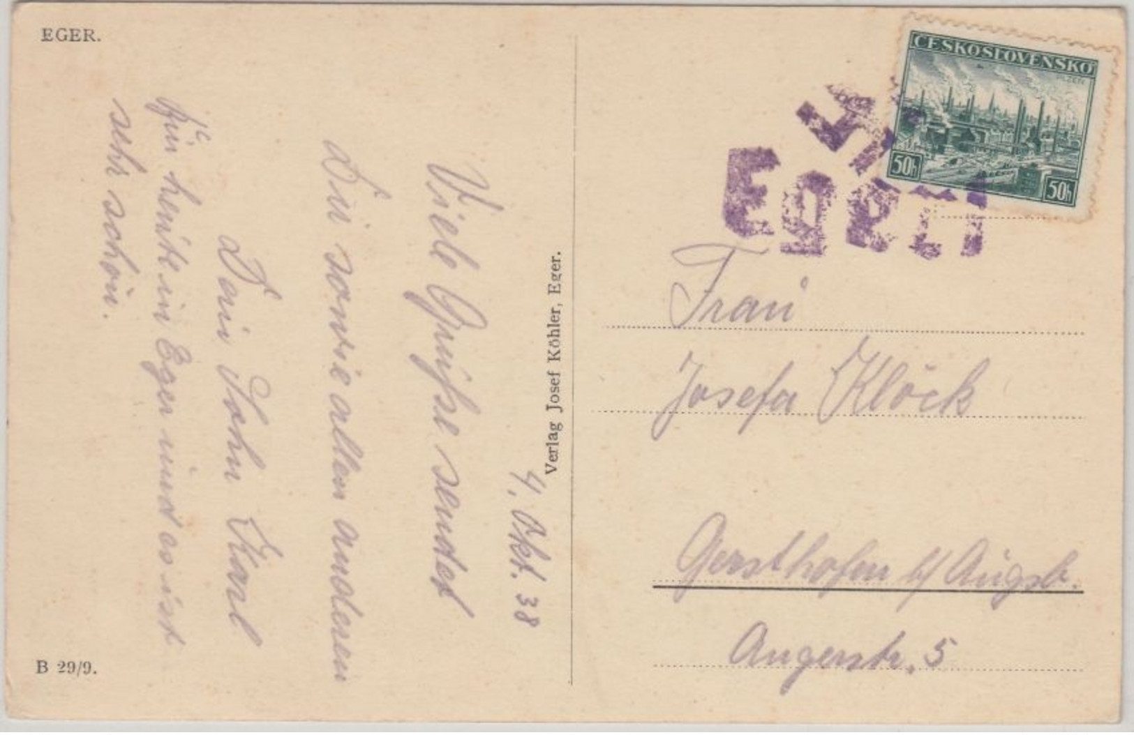 Sudetenland - Eger 1 Befreiungsstempel Karte N. Gersthofen 4.10.38 - Covers & Documents