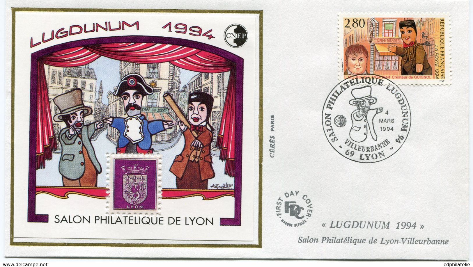 FRANCE ENVELOPPE 1er JOUR DU SALON PHILATELIQUE DE LYON-VILLEURBANNE AVEC LE FEUILLET-SOUVENIR 18 "LUGDUNUM 1994"   +... - CNEP