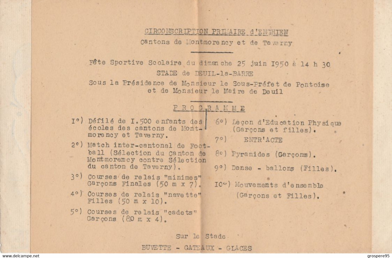 FETE SPORTIVE SCOLAIRE DEUIL LA BARRE AVEC CACHET EAUBONNE ECOLE JULES FERRY 1950 - Programme