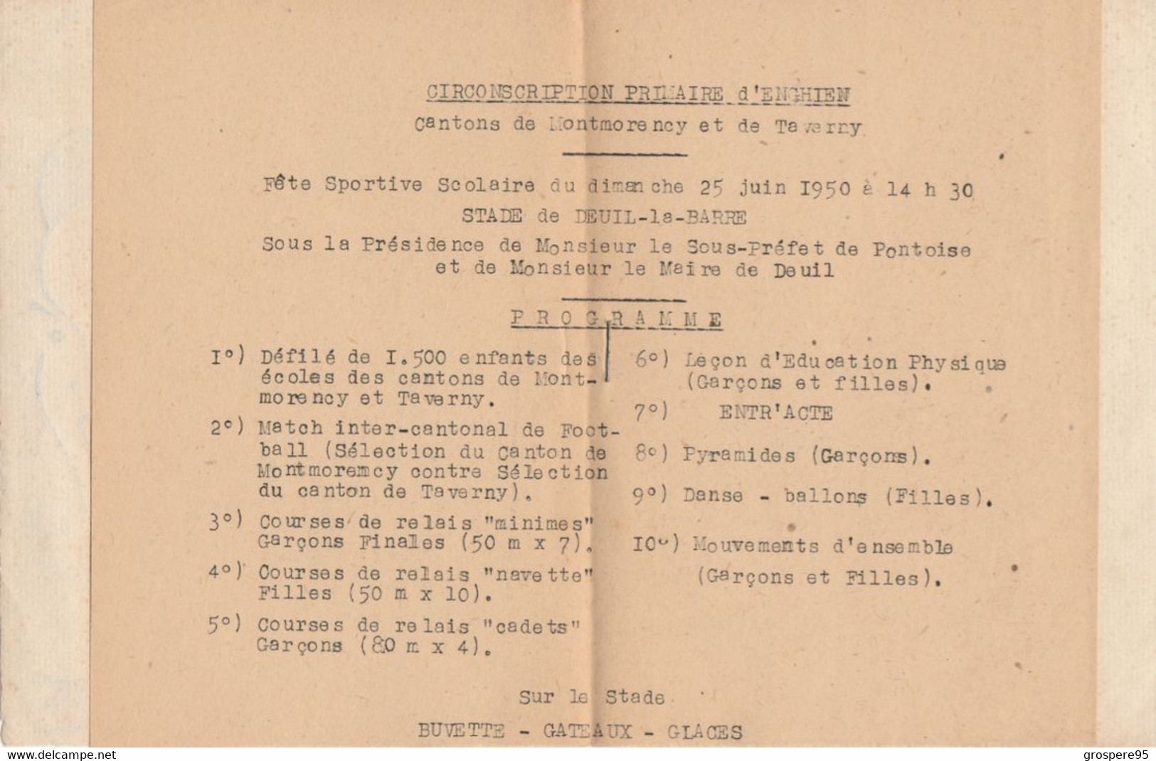 FETE SPORTIVE SCOLAIRE DEUIL LA BARRE AVEC CACHET EAUBONNE ECOLE JULES FERRY 1950 - Programmi