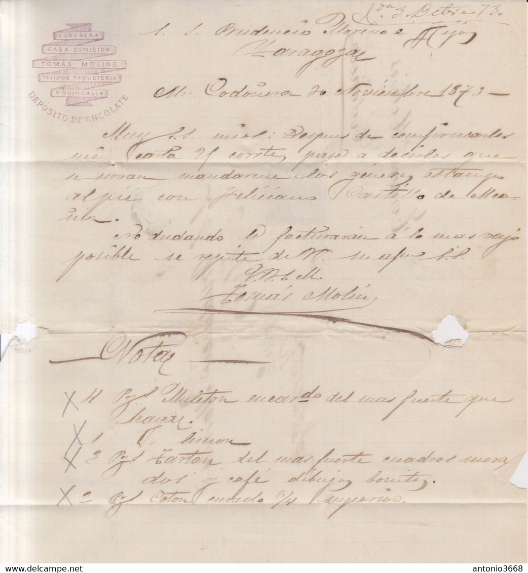 Año 1873 Edifil 133 10c Alegoria Carta De La Codoñera Membrete Deposito De Chocolate Tomas Molins - Briefe U. Dokumente