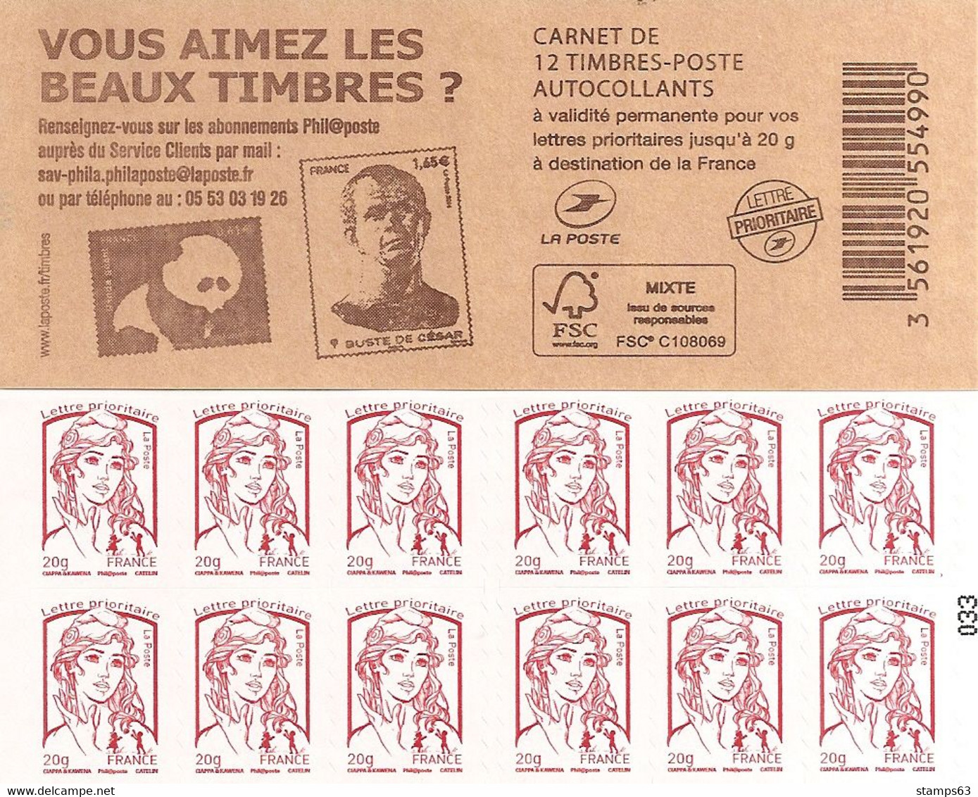 FRANCE - BOOKLET / CARNET, Yvert 851 C9- 2014 - Marianne De Ciappa, 12x TVP Red - Altri & Non Classificati