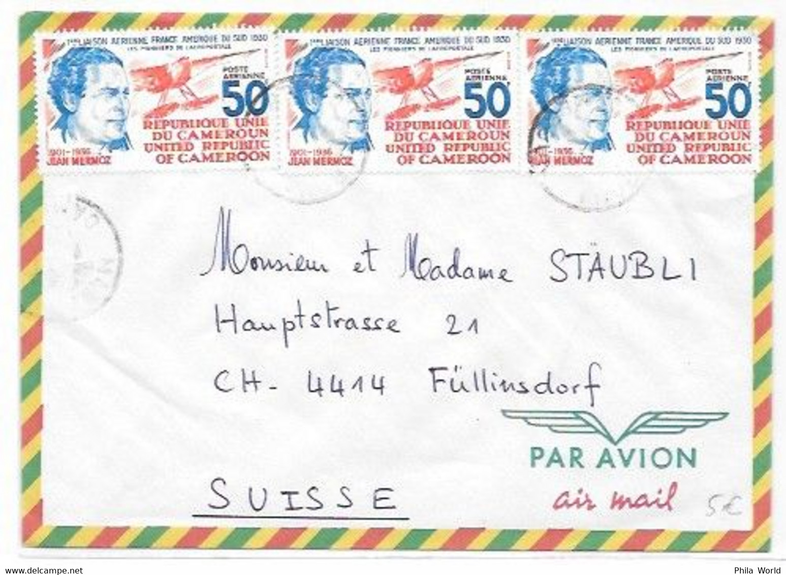 CAMEROUN - République Unie - Lettre Par Avion > Suisse + 3 Timbres POSTE AERIENNE MERMOZ Pionnier AEROPOSTALE - Avions