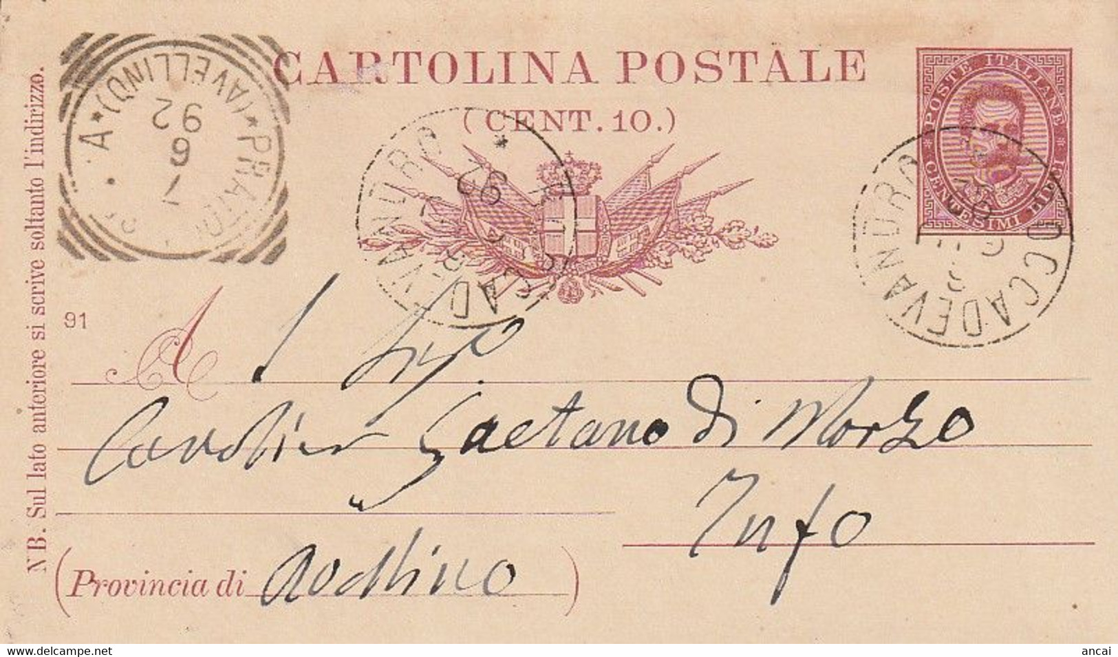 A35. Roccadevandro. 1892. Annullo Grande Cerchio ROCCADEVANDRO, Su Cartolina Postale - Marcofilie