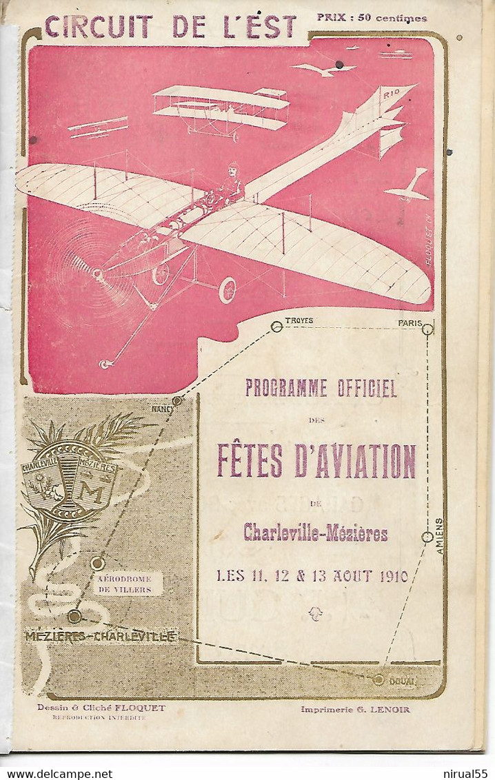 Aviation Avion Rare Programme Officiel FETES D'AVIATION CHARLEVILLE MEZIERES Ardennes 1910 Pub Dont JEANTEUR .  G - Reuniones
