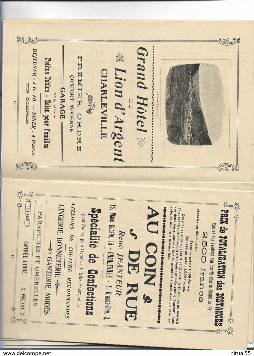 Aviation Avion Rare Programme Officiel FETES D'AVIATION CHARLEVILLE MEZIERES Ardennes 1910 Pub Dont JEANTEUR .  G - Reuniones