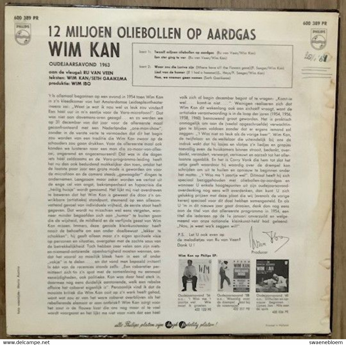 LP.- WIM KAN. OUDEJAARSAVOND 1963. 12 MILJOEN OLIEBOLLEN OP AARDGAS. - Humor, Cabaret