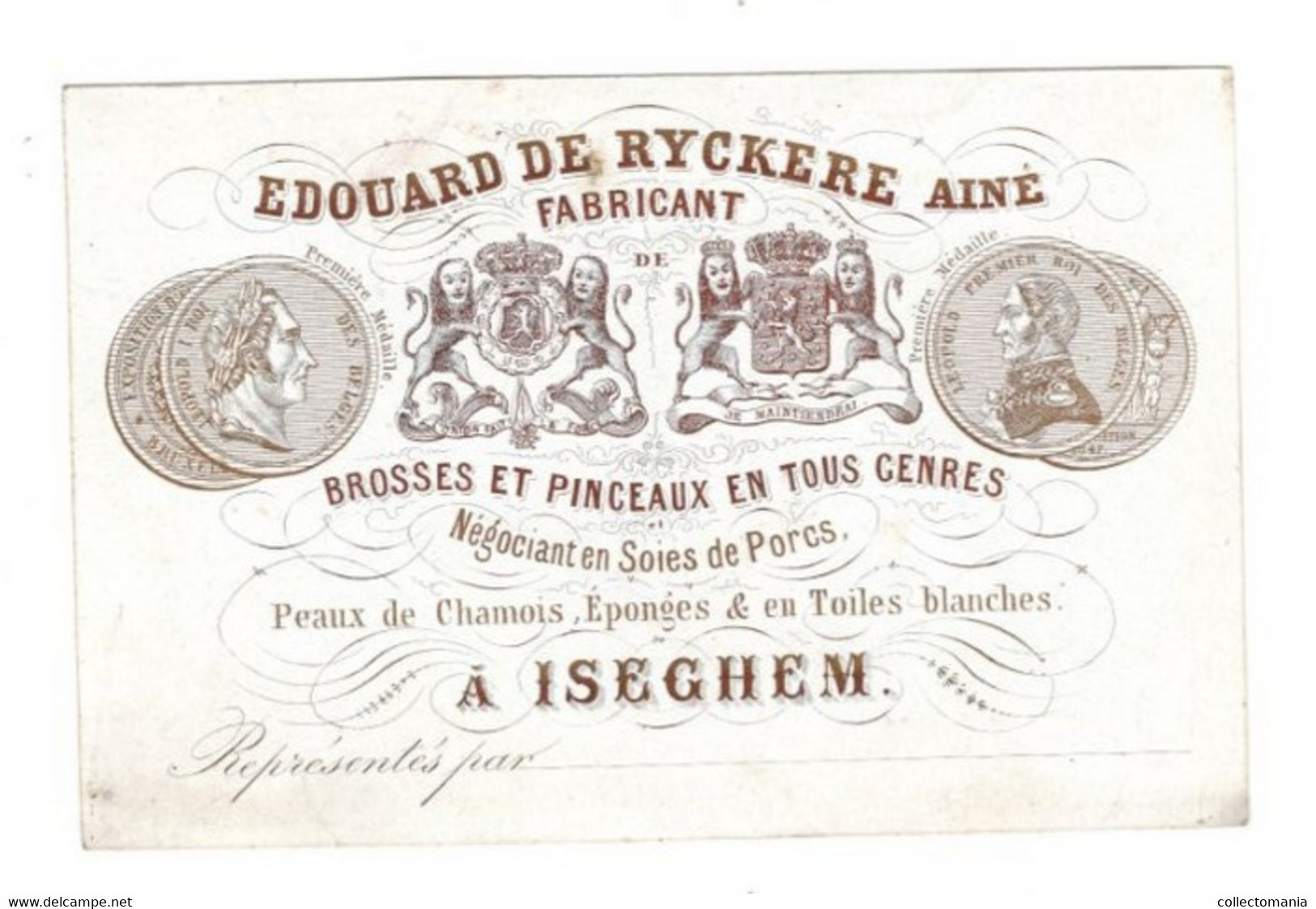 1 Carte Visite Edouard De Ryckere Ainé Fabricant Brosses Et Pinceaux Soies De Porcs Peaux De Chamois Eponges ISEGHEM - Porcelana