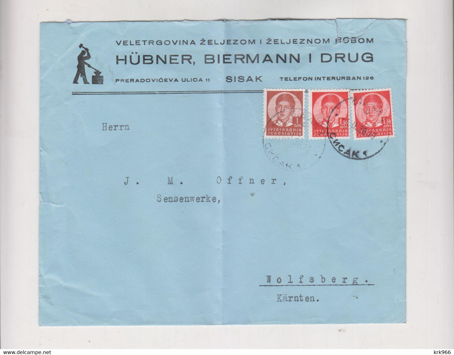 YUGOSLAVIA,1938 SISAK  Nice Firm Cover HUBNER, BIERMANN I DRUG - Briefe U. Dokumente
