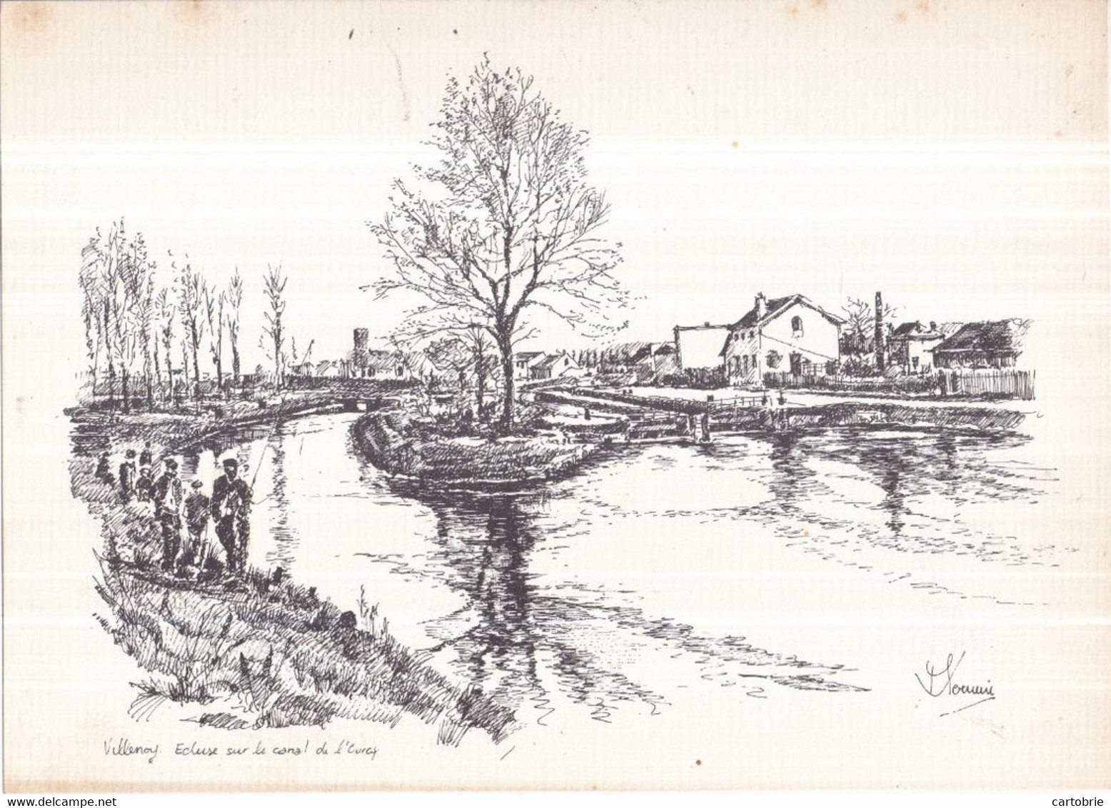 Dépt 77 - VILLENOY - Écluse Sur Le Canal De L'Ourcq - (pêcheurs) - Gravure 20 X 28 Cm - Villenoy