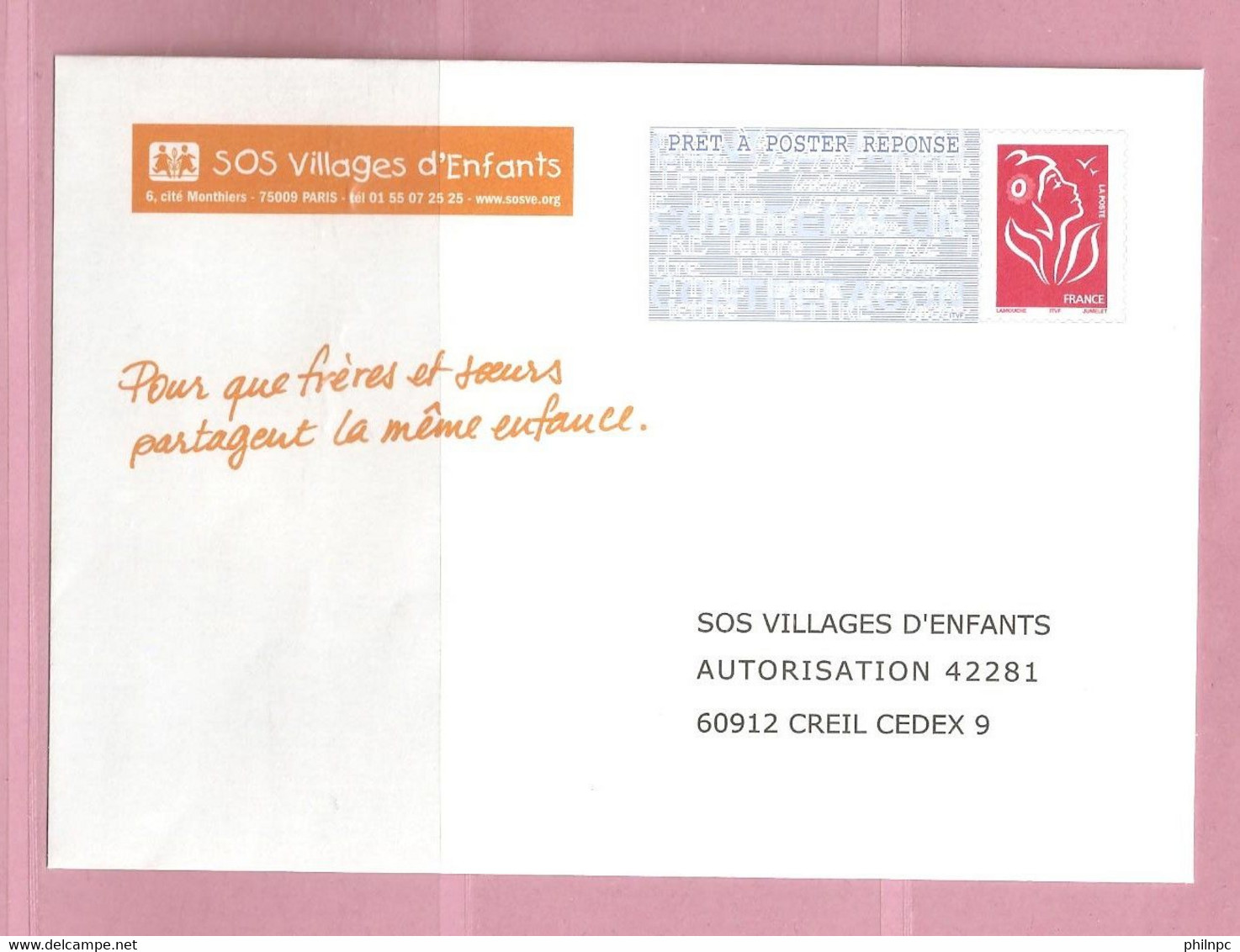 France, Prêt à Poster Réponse, 3734, Postréponse, SOS Villages D'Enfants, Marianne De Lamouche - Prêts-à-poster: Réponse /Lamouche