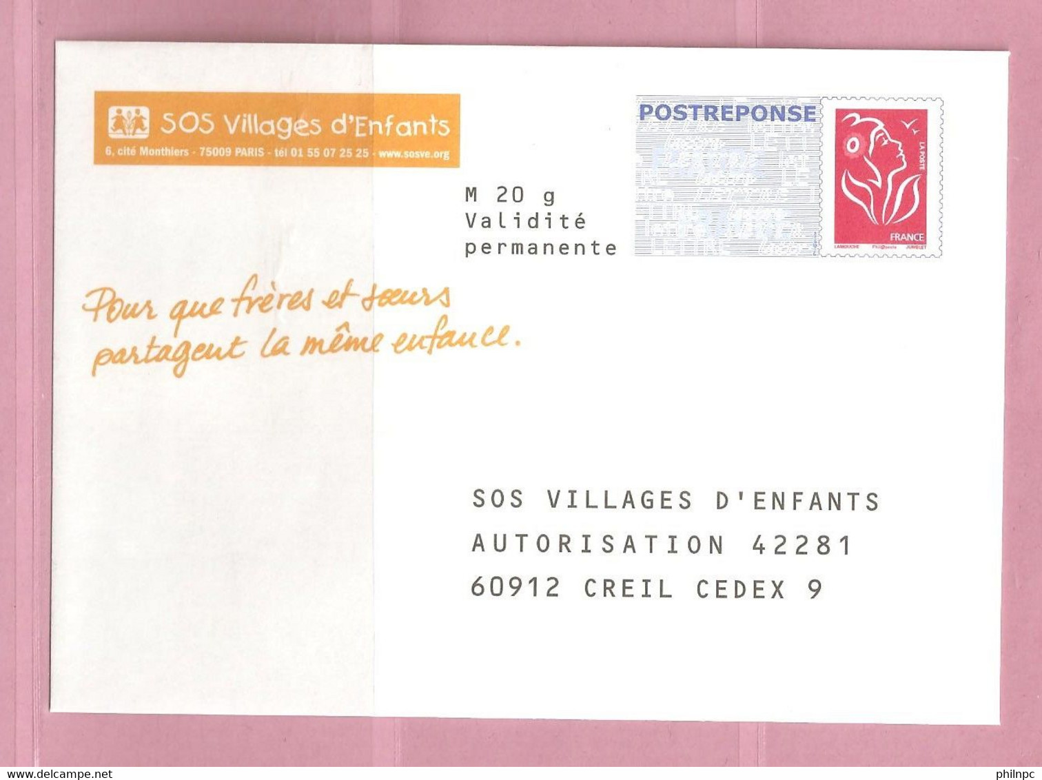 France, Prêt à Poster Réponse, 3734A, Postréponse, SOS Villages D'Enfants, Marianne De Lamouche - PAP: Antwort/Lamouche