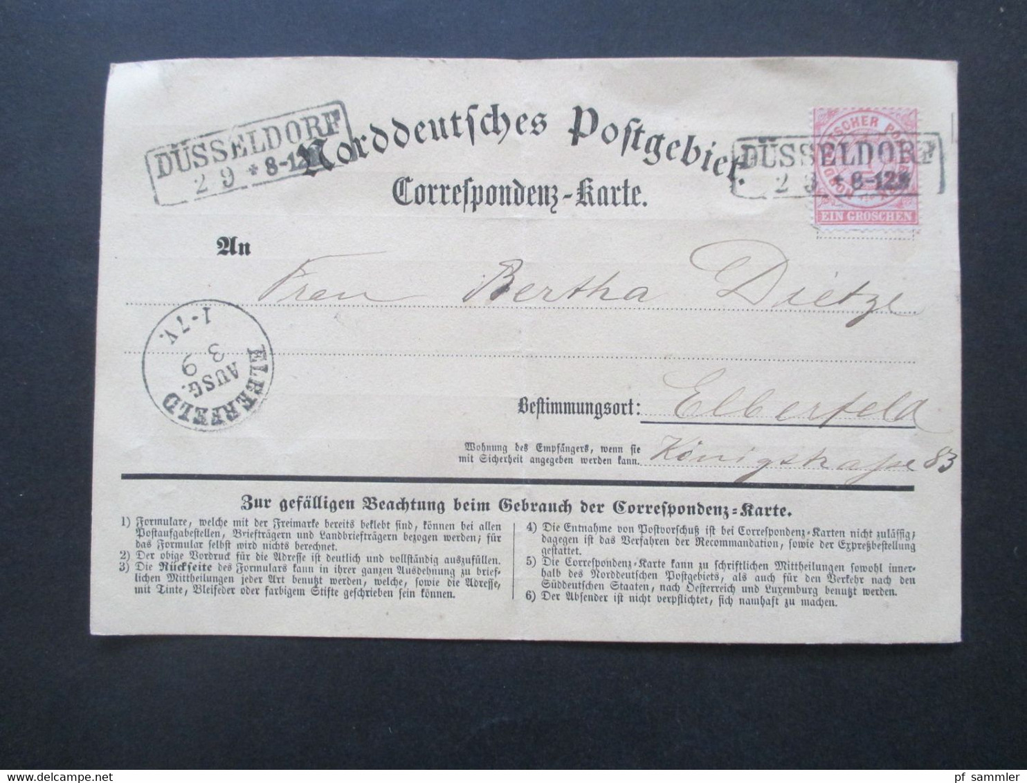 Altdeutschland NDP Um 1870 Norddeutsches Postgebiet Correspondenz Karte Ra2 Düsseldorf Und Ank. Stp. K1 Elberfeld - Lettres & Documents