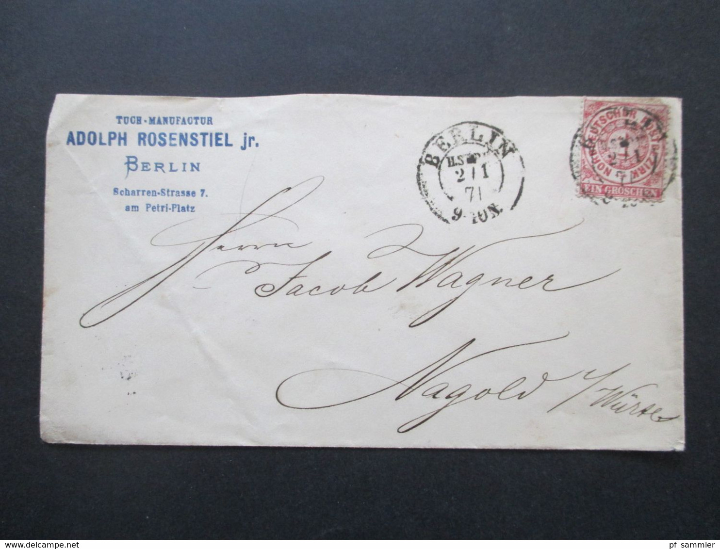 Altdeutschland NDP 1871 Nr. 16 EF Bedruckter Umschlag Tuch Manufactur Adolph Rosenstiel Jr. Berlin Nach Nagold Mit K2 - Storia Postale