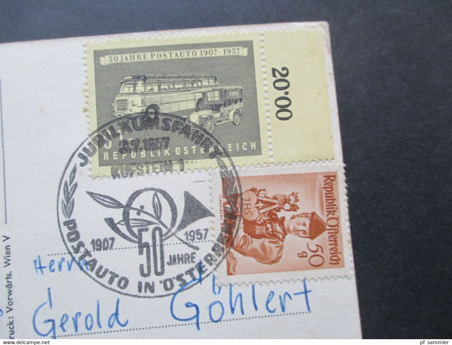 Österreich 1957 Verkehrswerbung Werbekarte 50 Jahre Postauto SSt Jubiläumsfahrt MiF Trachten Und Nr. 1034 - Covers & Documents