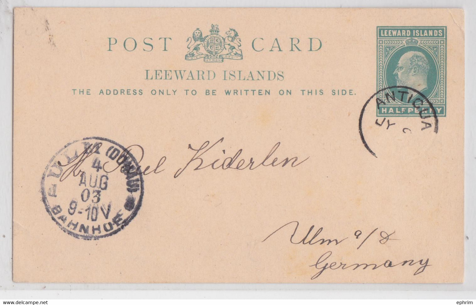 Antigua Leeward Islands Used Postal Stationery Post Card Ulm Bahnhof 1903 - Leeward  Islands