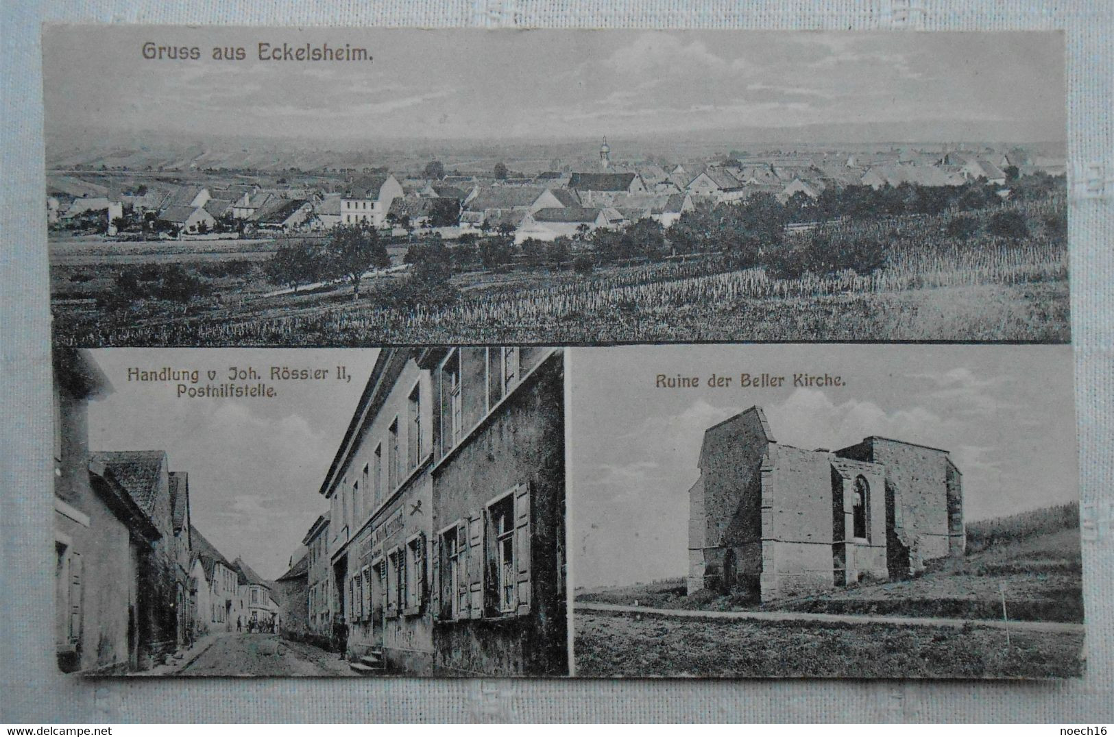 CPA 1915  Gruss Aus Eckelsheim. Handlung V Joh. Rössler II, Postnilfstelle & Ruine Der Beller Kirche. Allemagne - Alzey