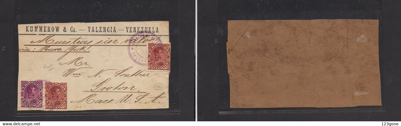 Venezuela - Cover -  C. 1890s Valencia To USA Mass Groton Large Package Fkd Front At 35c Rate, Tied Violet Cachet, Inter - Venezuela