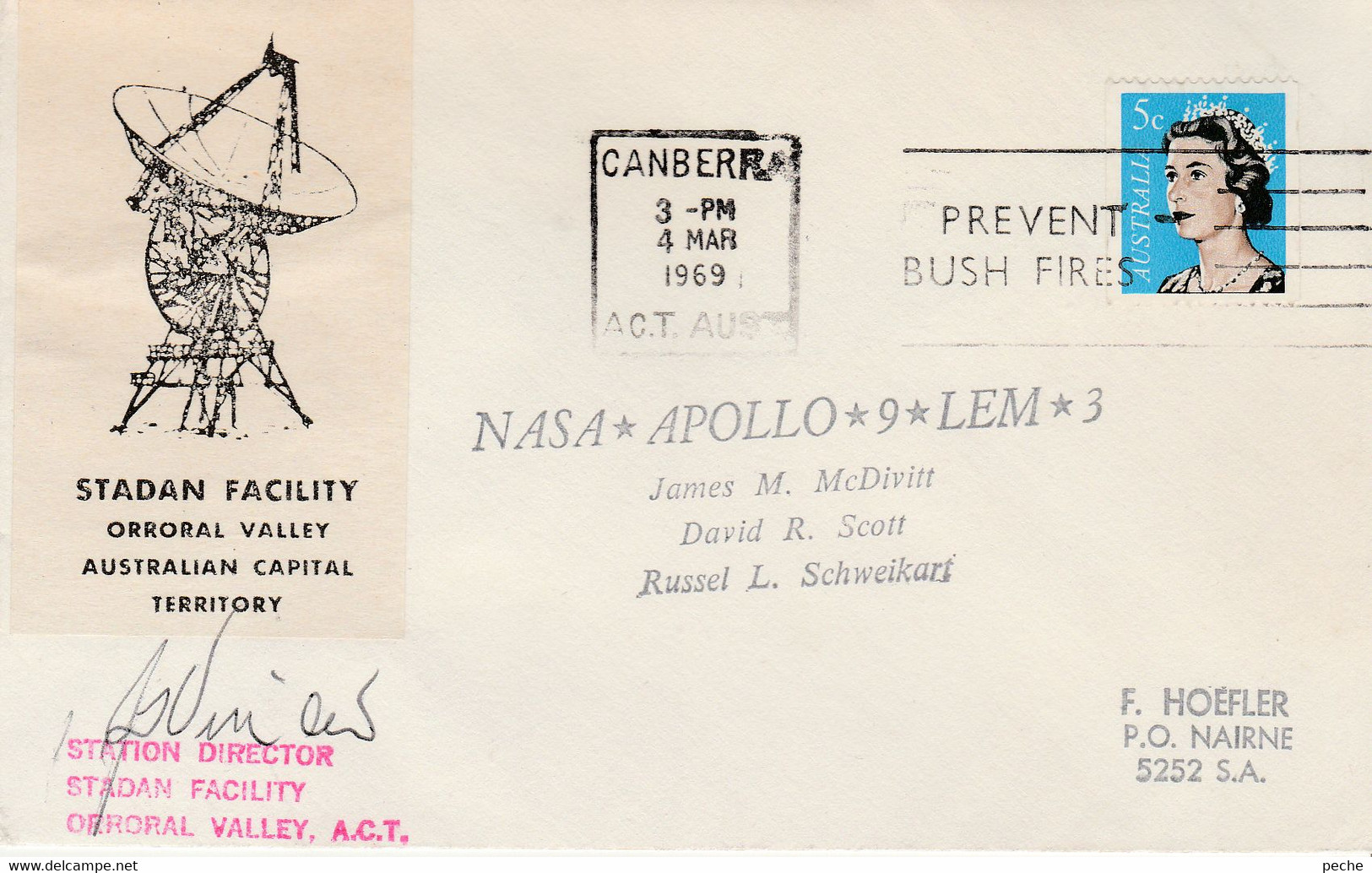 N°1076 N -lettre (cover) -Apollo 9 -Nasa -Lem 3 -Stadan Facility- Signature Directeur Station- - Océanie