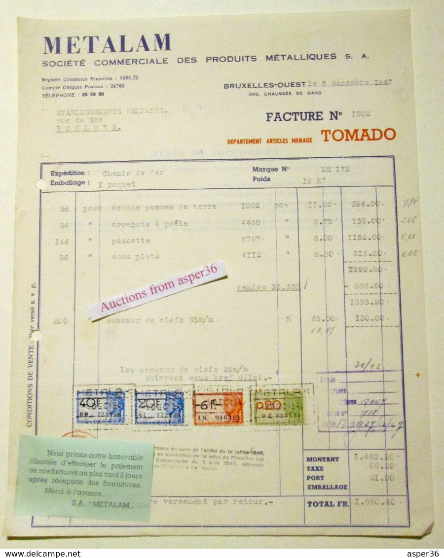 Metalam, Produits Métalliques, Chaussée De Gand, Bruxelles-Ouest 1947 Articles Ménage Tomado - 1900 – 1949