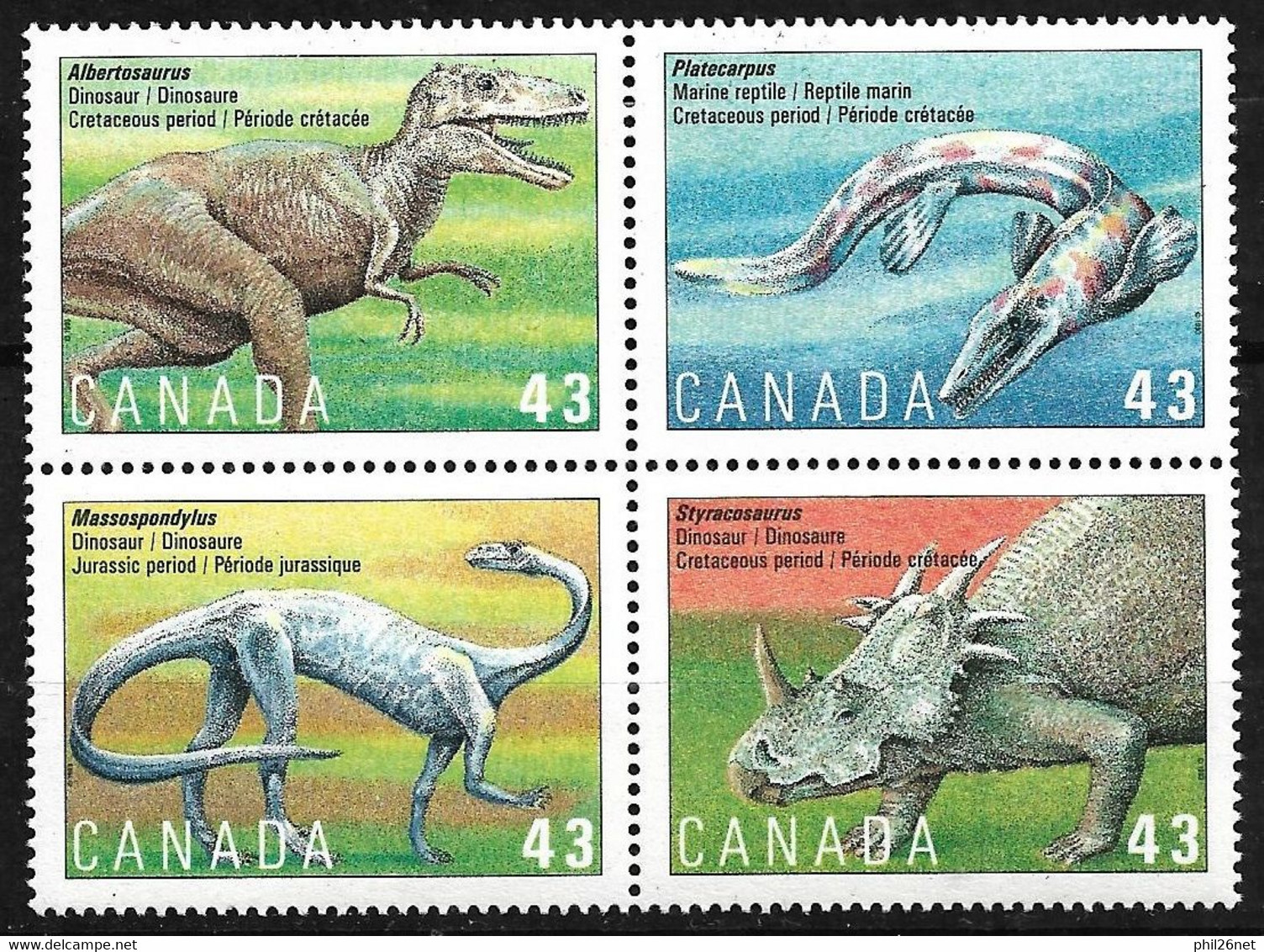 Canada  Scott  Bloc N° 1495 à 1498 Dinausores      Neufs * *    B/TB        - Vor- Und Frühgeschichte