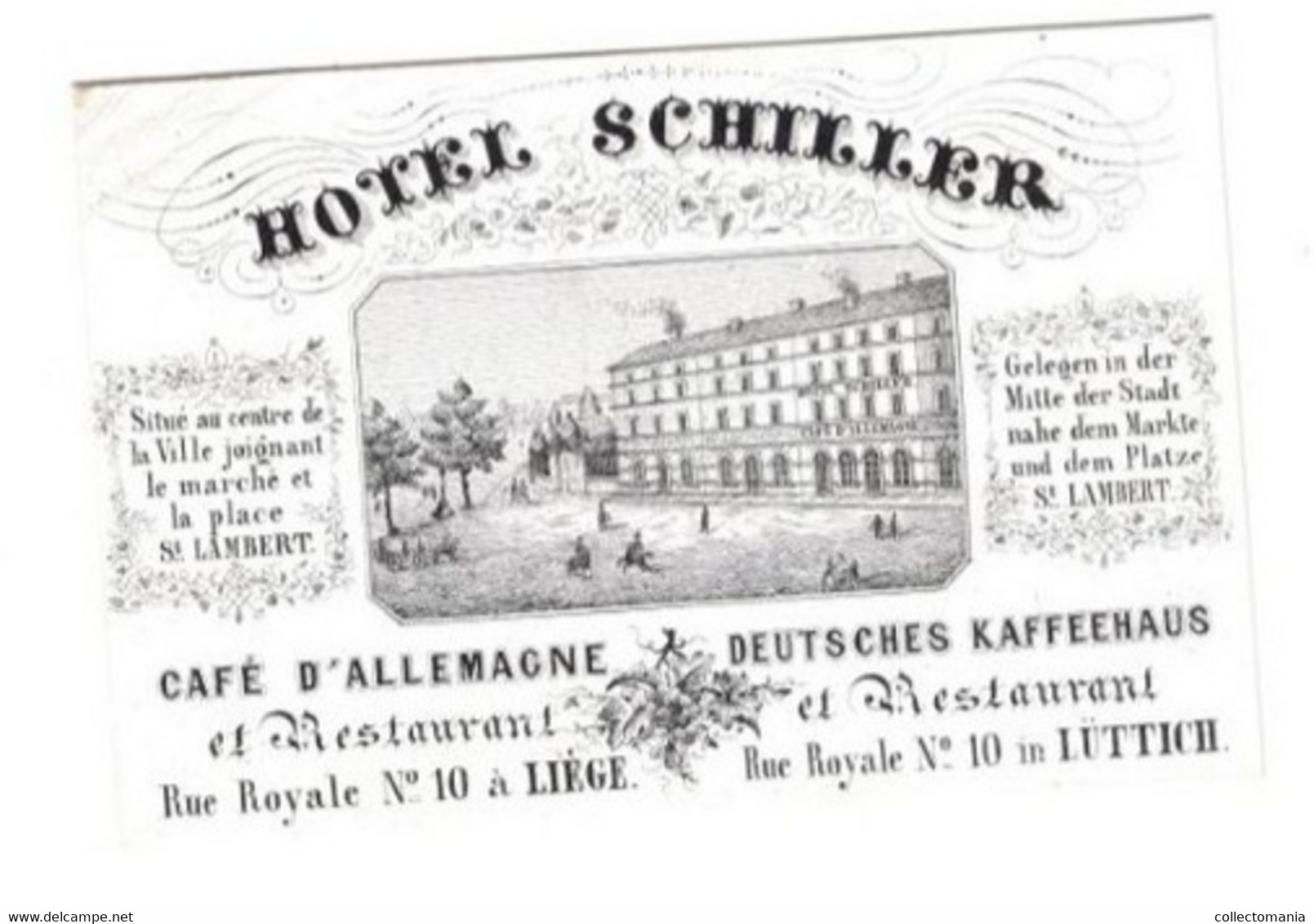 1 Carte Visite Hotel Schiller Place St.Lambert Rue Royale Café D' Allemagne  Deutsches Kaffeehaus Lûttich  Liège - Porcelana