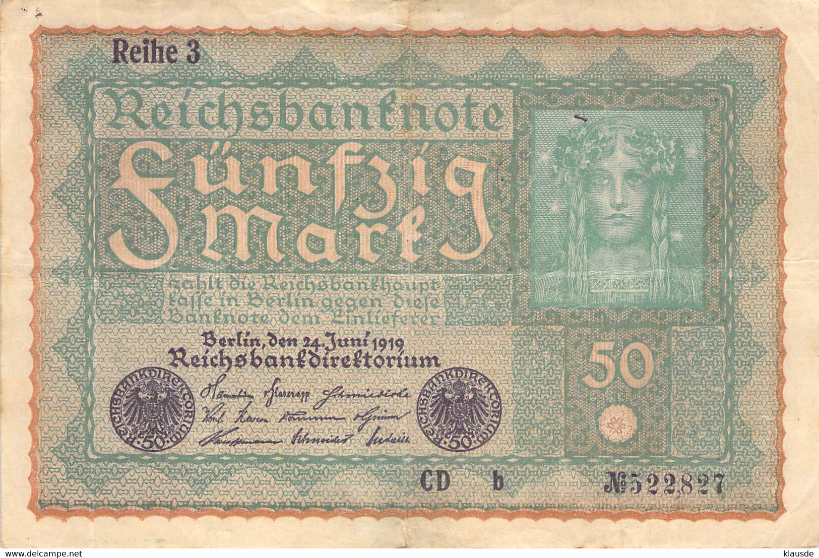 50 Mark 1919 VF/F (III) Reihe 3 CD B Nr.522827 - 50 Mark