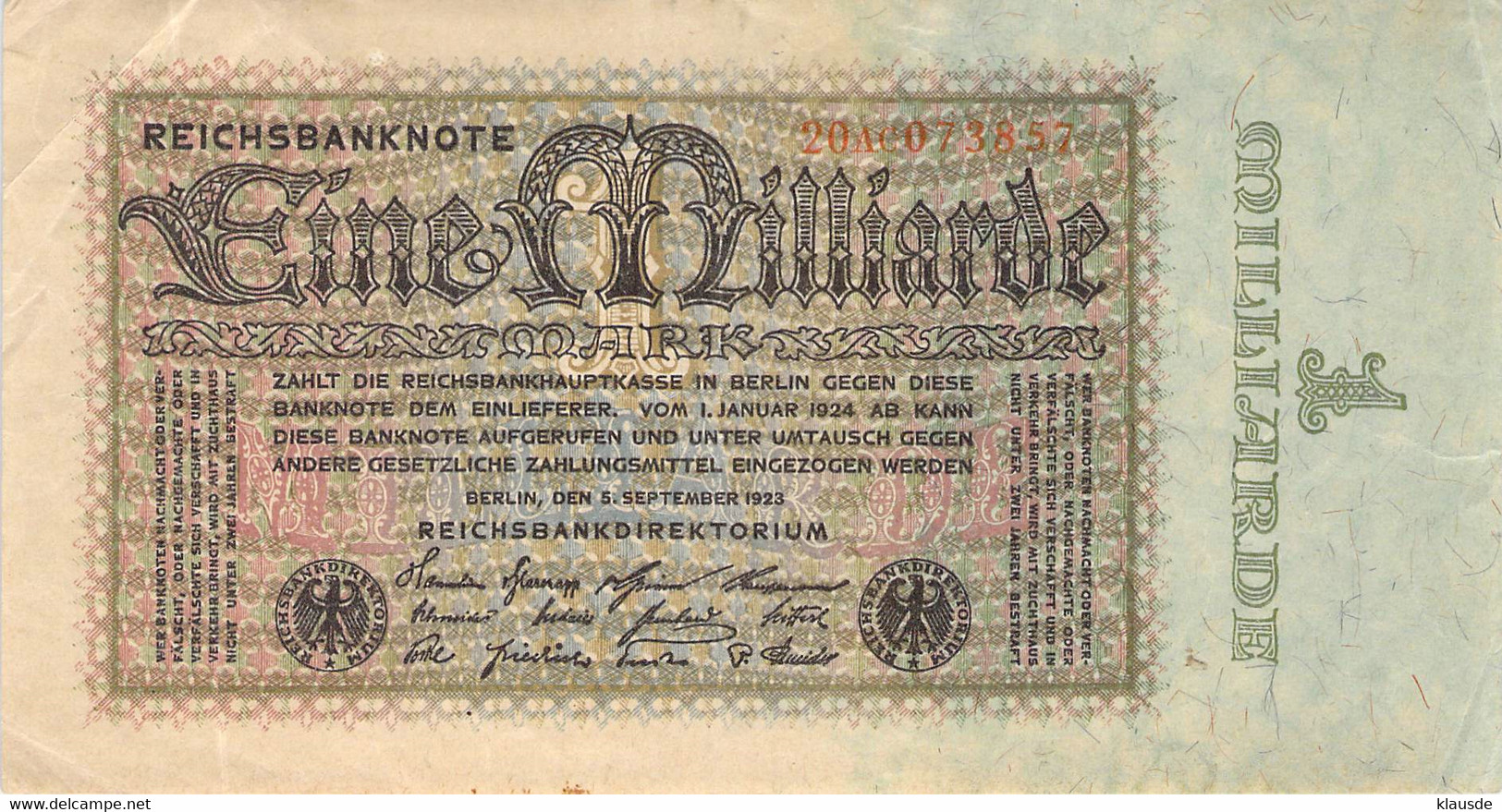 1 Mrd Mark 1922 VF/F (III) 20 Ac 073857 - 20 Milliarden Mark