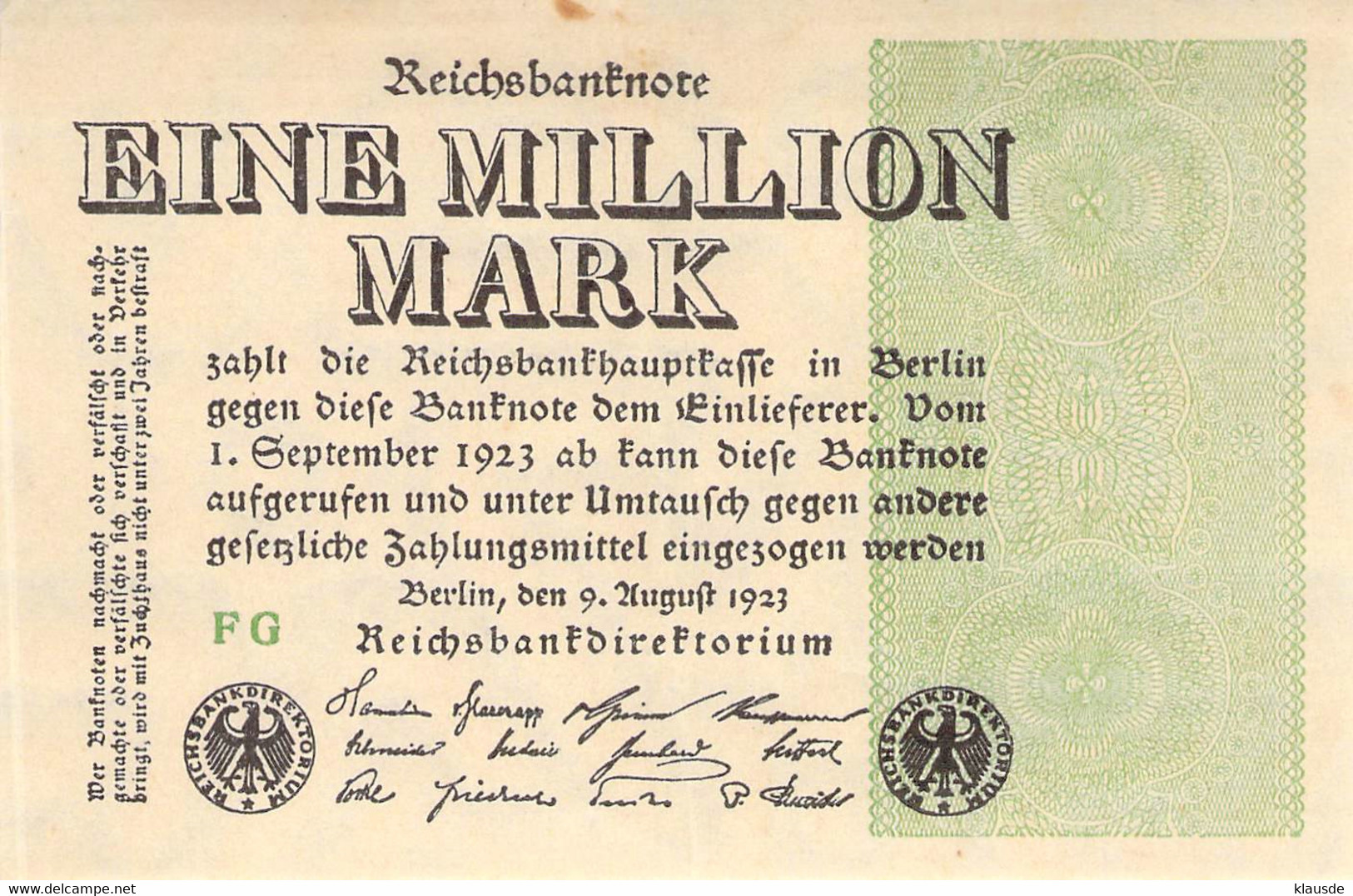 1 Mio Mark 1923 FG (Grün) AU/EF (II) - 1 Mio. Mark