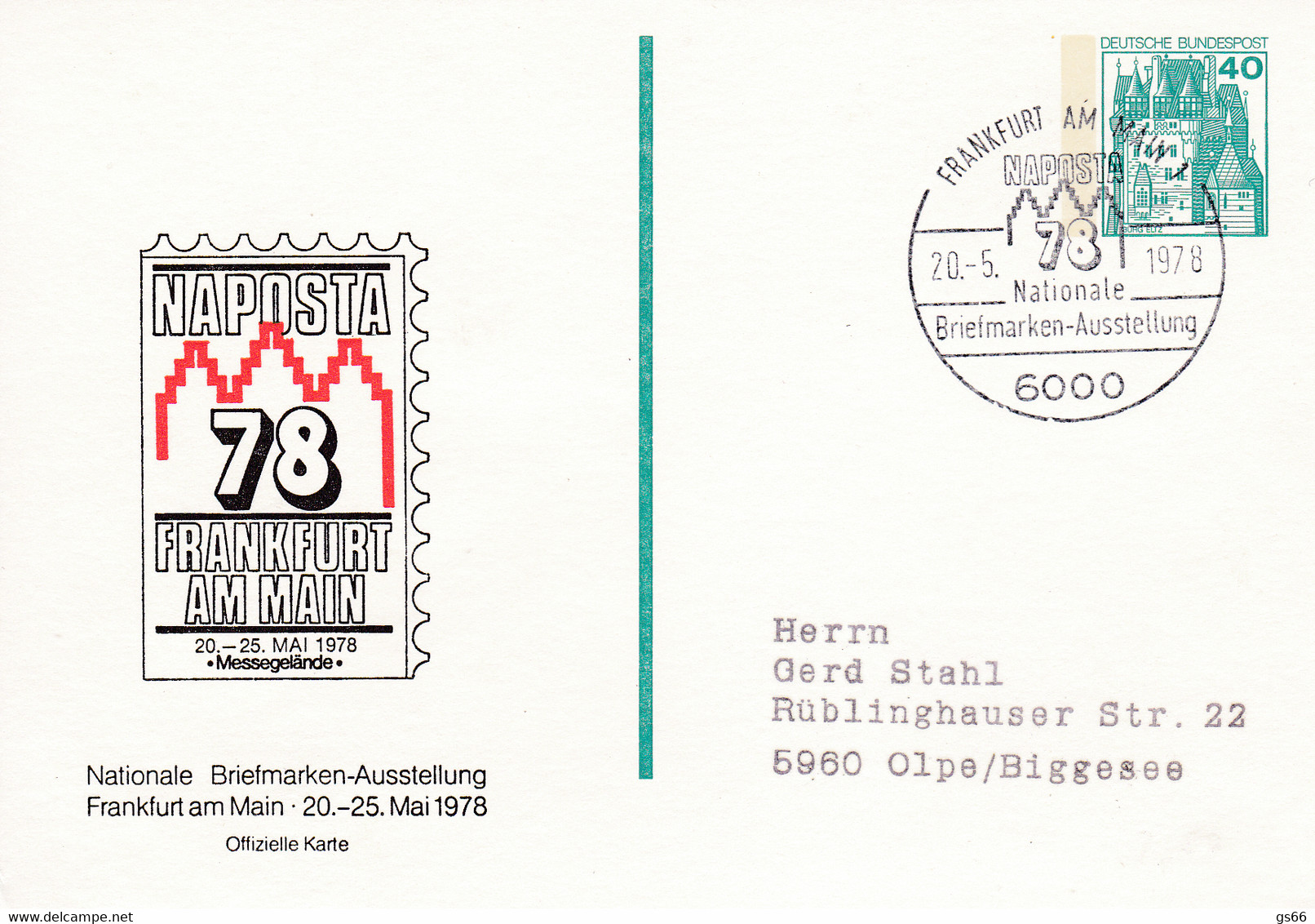BRD, PP 100 D2/013b, BuSchl. 40,  Frankfurt "Naposta 78", - Cartes Postales Privées - Oblitérées