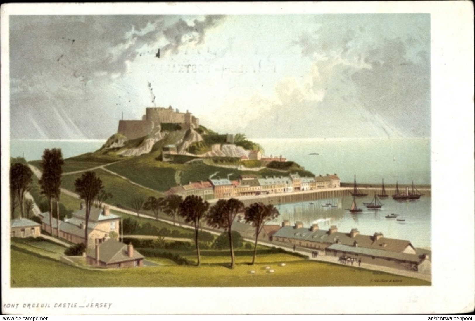 Lithographie Jersey Kanalinseln, Pont Orgeuil Castle, Harbour - Other & Unclassified