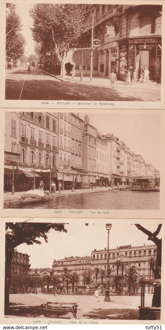 3 CPA:TOULON (83) PLACE DE LA LIBERTÉ,LIBRAIRIE LE PETIT PROVENÇAL BOULEVARD DE STRASBOURG,VUE DU QUAI - Toulon