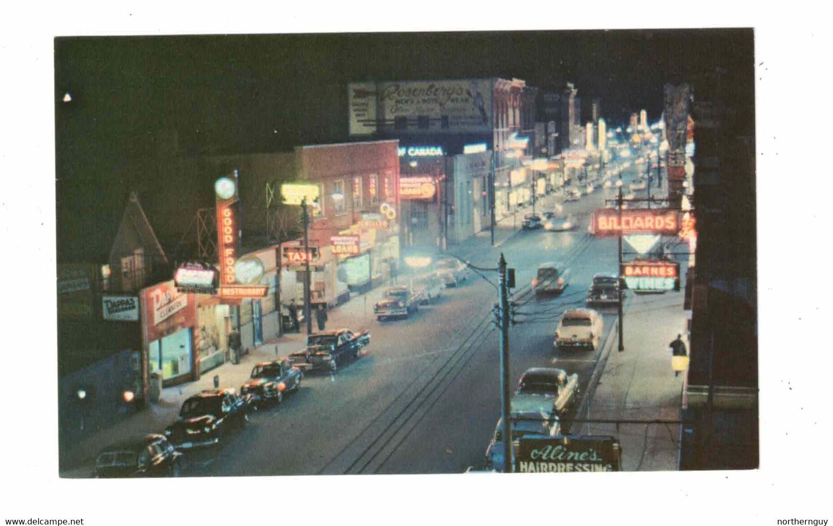 NORTH BAY, Ontario, Canada, Main Street & Stores At Night, 1950's Cars, Old Chrome Postcard - North Bay