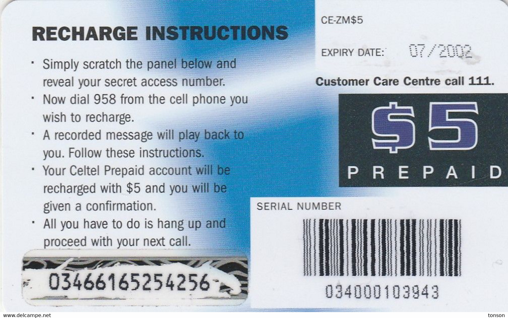 Zambia, ZM-ZMC-REF-000?, Zamcell Now You're Talking - $5,  2 Scans.  Code On The Back: CE-ZM$5. Not In Colnect Catalogue - Zambie