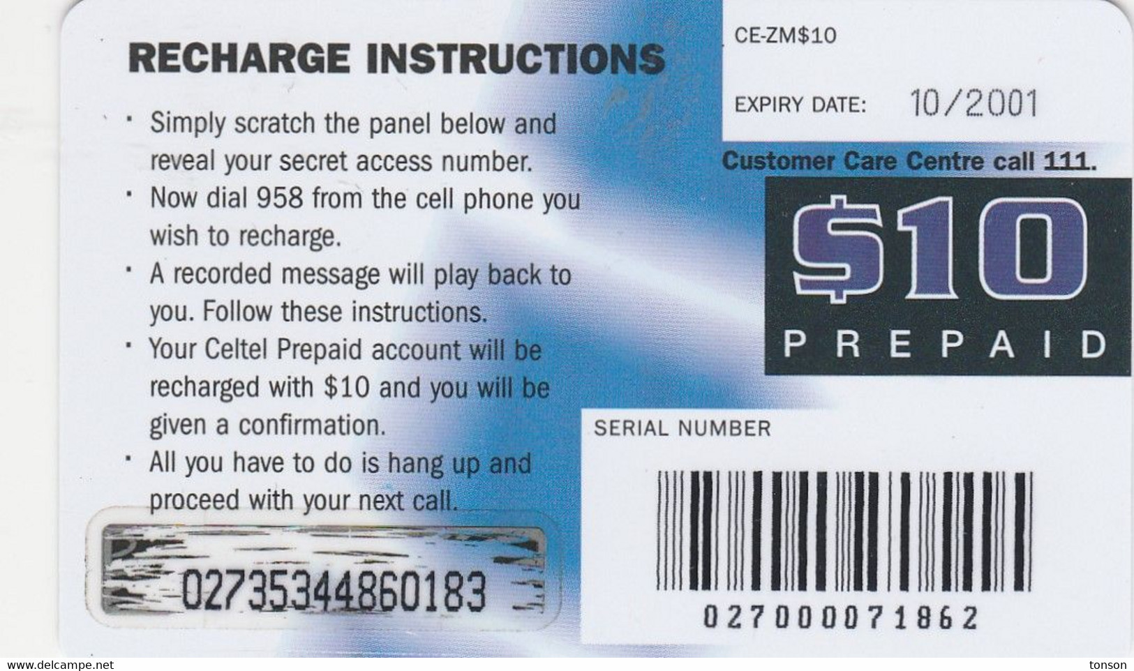 Zambia, ZM-ZMC-REF-000?, Zamcell Now You're Talking-$10,  2 Scans.  Code On The Back: CE-ZM$10. Not In Colnect Catalogue - Sambia