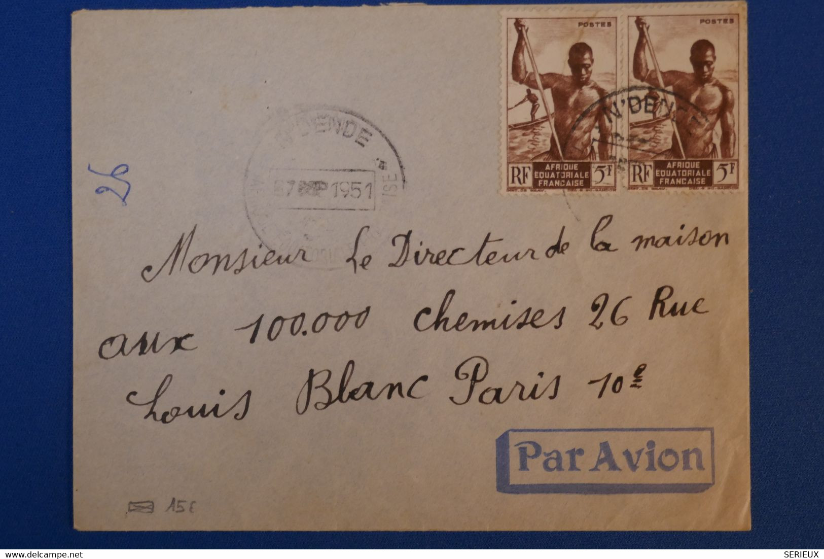 H 27 AEF  BELLE LETTRE 1951 PAR AVION PETIT BUREAU  POUR PARIS R  LOUIS BLANC + PAIRE DE T.P + AFFRANCH INTERESSANT - Brieven En Documenten