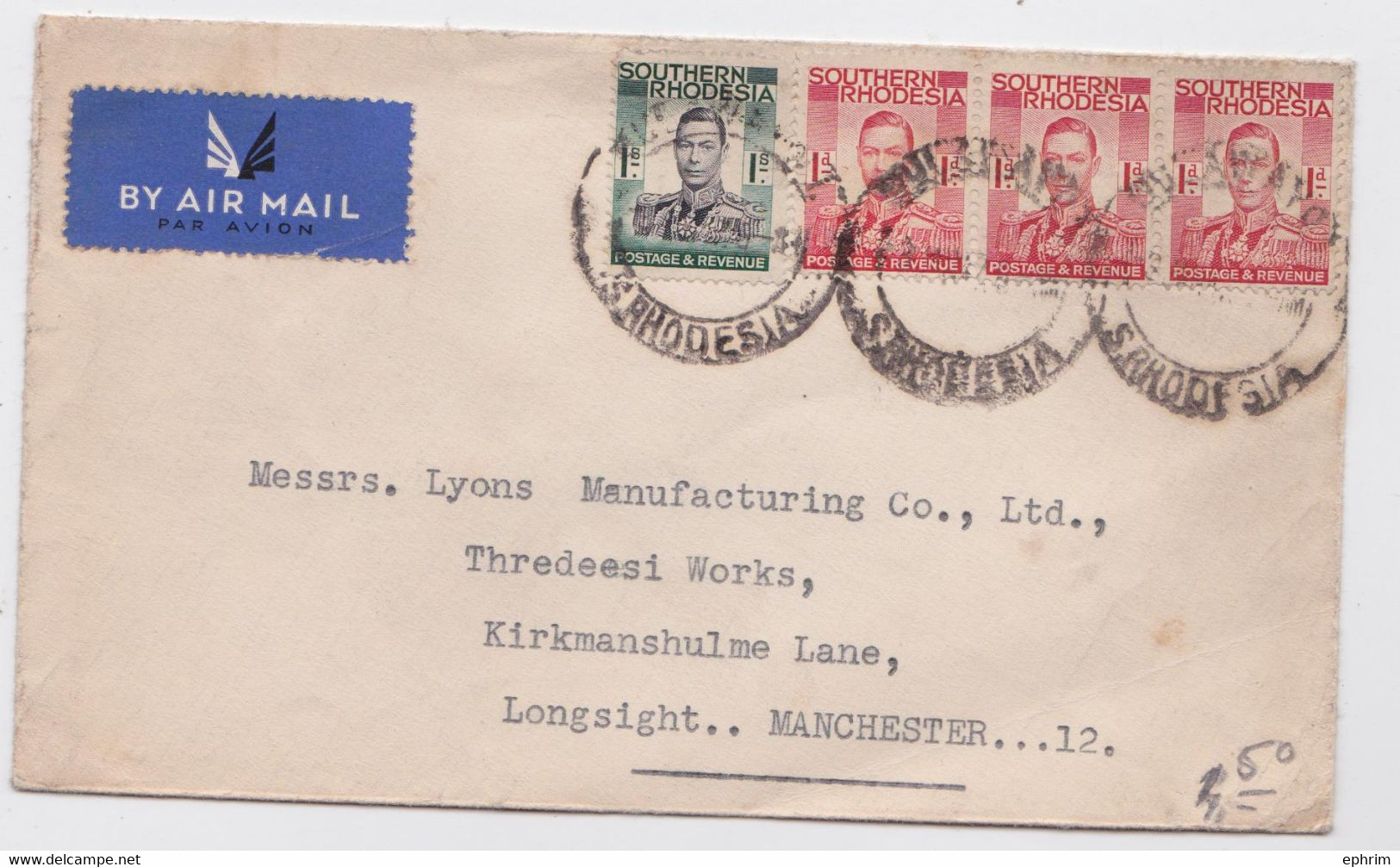 Rhodésie Du Sud Lettre Affranchissement Timbre Stamp Air Mail Cover Southern Rhodesia Lyons Manufacturing Manchester - Rhodesia Del Sud (...-1964)
