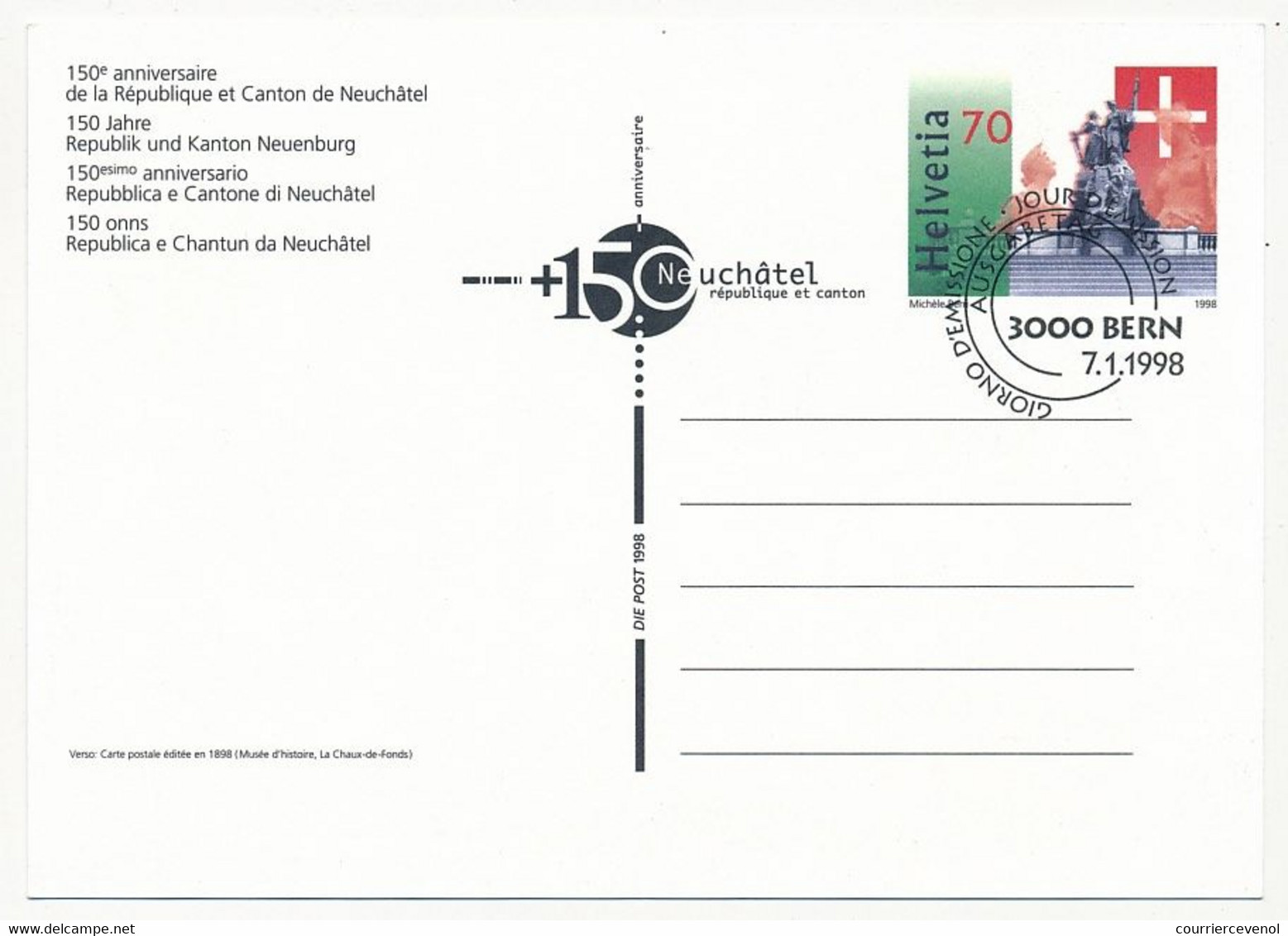 SUISSE => Entiers Postaux (CP) => 150eme Anniversaire Canton De Neuchâtel - 1 Neuf / 1 Obl. Premier Jour 7/1/1998 BERNE - Ganzsachen