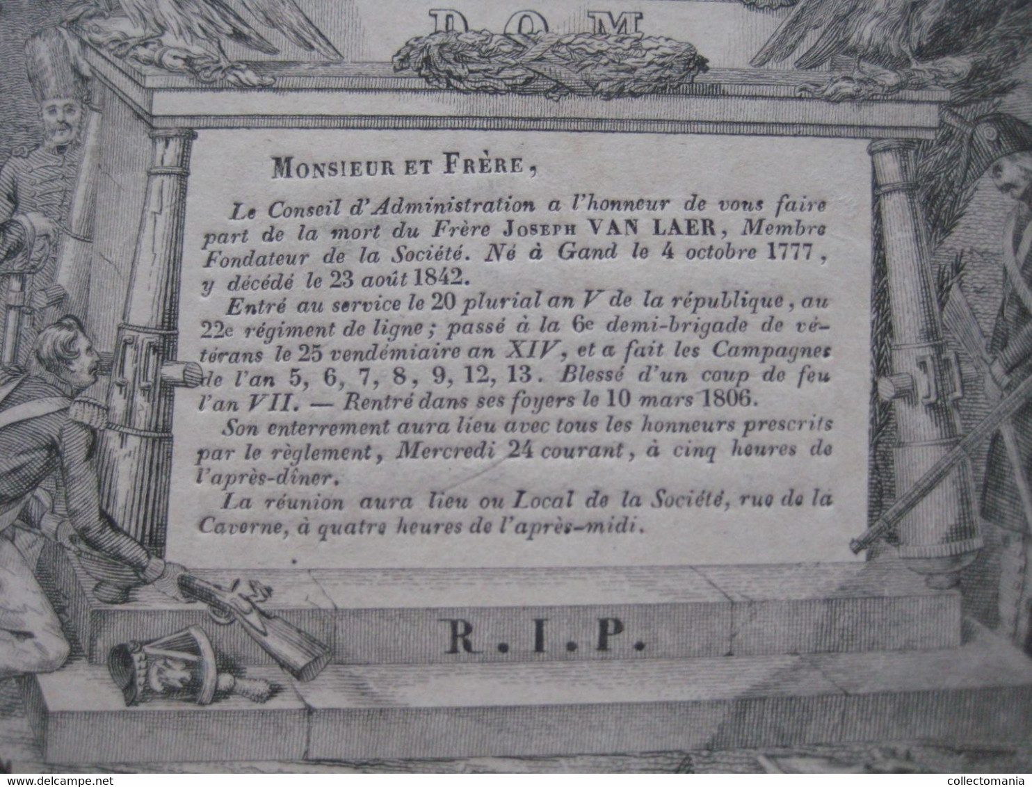 Carte De Décès Anciens Frères D' Armes De L'Empire NAPOLEON Frère Joeph Van Laer Né 1777 Décédé 1842 Lith. Vande Steene - Obituary Notices