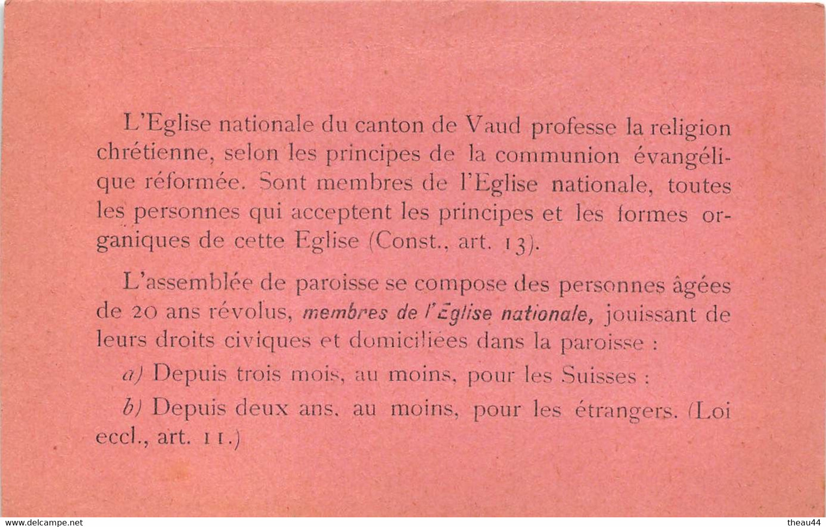 SUISSE  -  YVORNE  -  Carte D'Electeur De L'Eglise Evangélique Réformée   -  Voir Description - Yvorne