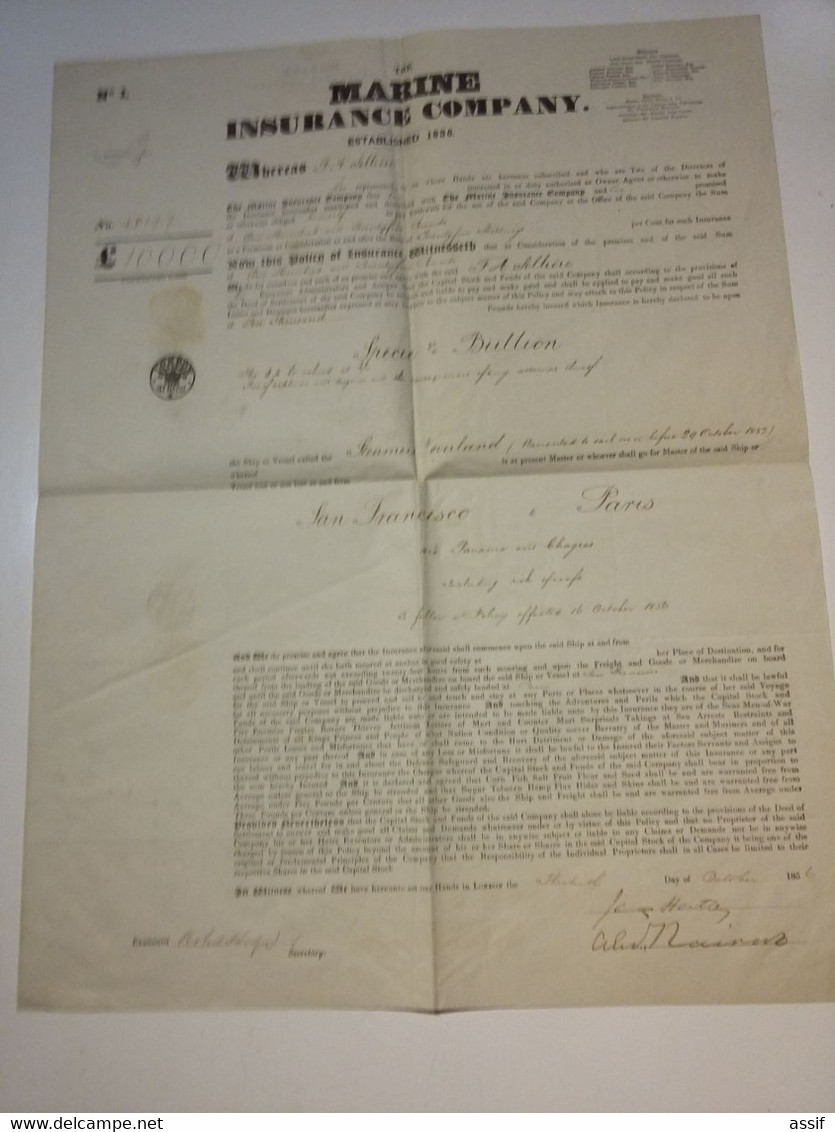 Contrat D'assurance Pour  Steamers  Overland  - Navigation San Francisco à Paris Par Panama Et Chagras 1856 - Documents Historiques