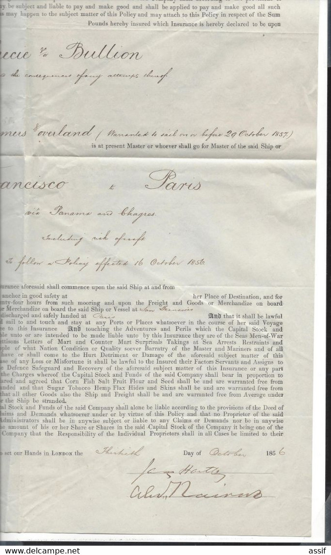 Contrat D'assurance Pour  Steamers  Overland  - Navigation San Francisco à Paris Par Panama Et Chagras 1856 - Documents Historiques