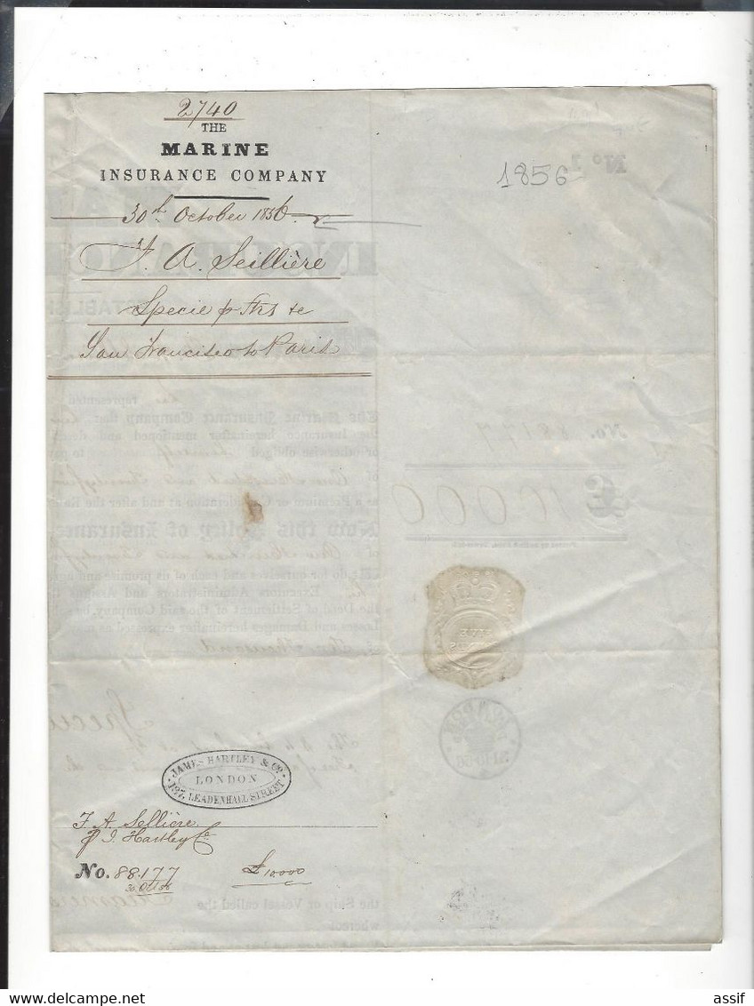 Contrat D'assurance Pour  Steamers  Overland  - Navigation San Francisco à Paris Par Panama Et Chagras 1856 - Documents Historiques