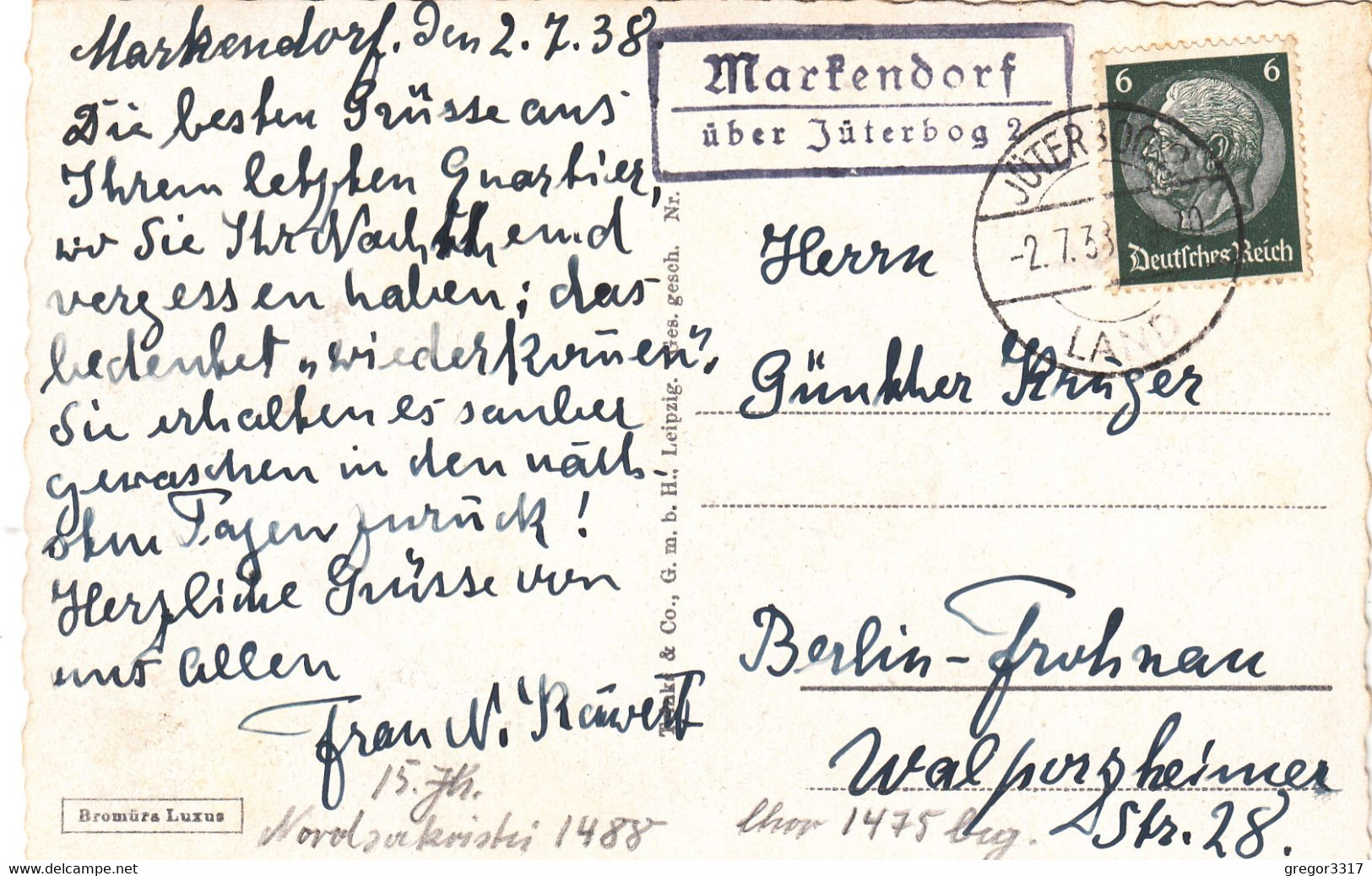 709) JÜTERBOG - Nicolaikirche Mit Postablage MARKENDORF über Jüterbog 2.7.1938 - Jueterbog